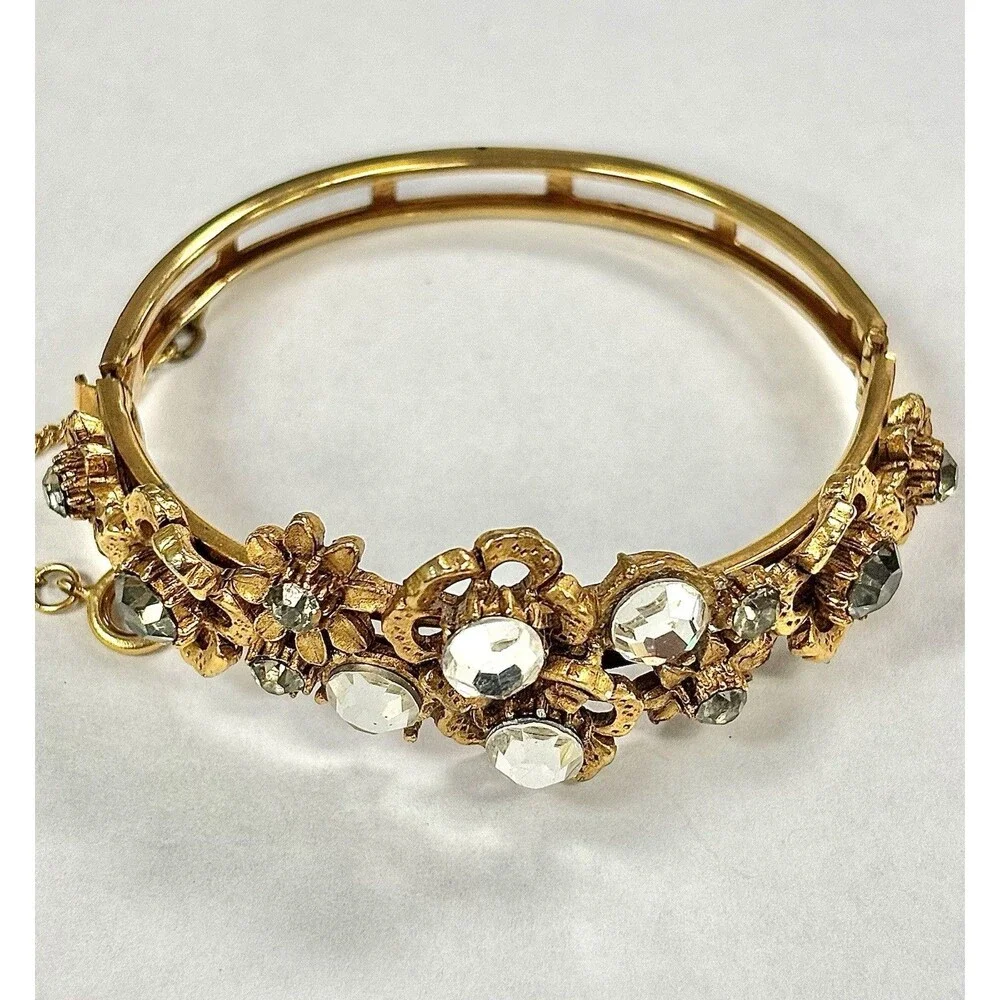 Rare Vintage Signed FLORENZA Floral Rhinestone Hinged Bangle Bracelet Gold HTF